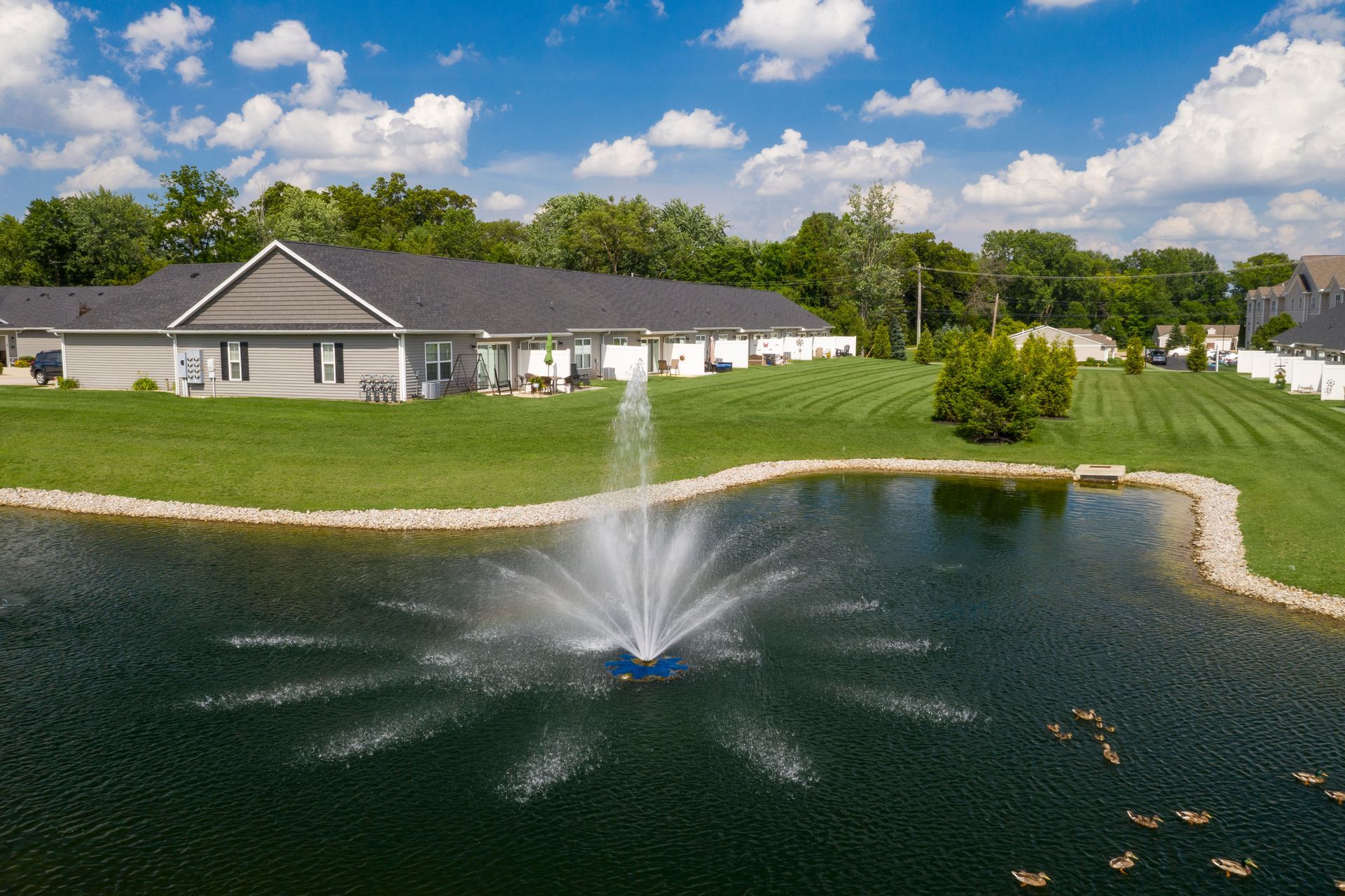 Pond with fountain in front of row houses under a blue sky, ducks swimming.