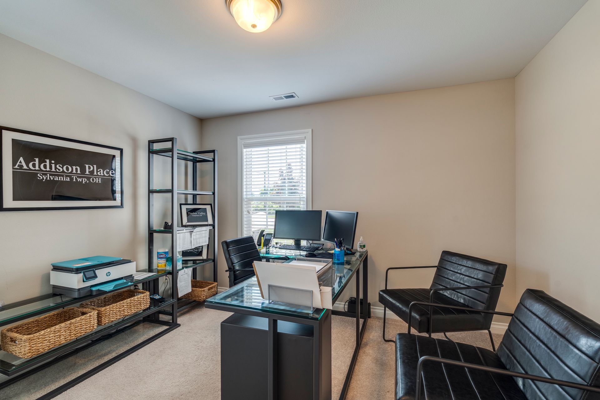 Home office with desk, chairs, shelving, and a window. Beige walls, carpet, and a framed print.