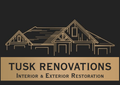 Logo for Tusk Renovations: house outline in gold on a black background, with text "Tusk Renovations" and tagline "Interior & Exterior Restoration".