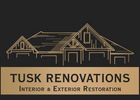 Logo for Tusk Renovations: house outline in gold on a black background, with text "Tusk Renovations" and tagline "Interior & Exterior Restoration".