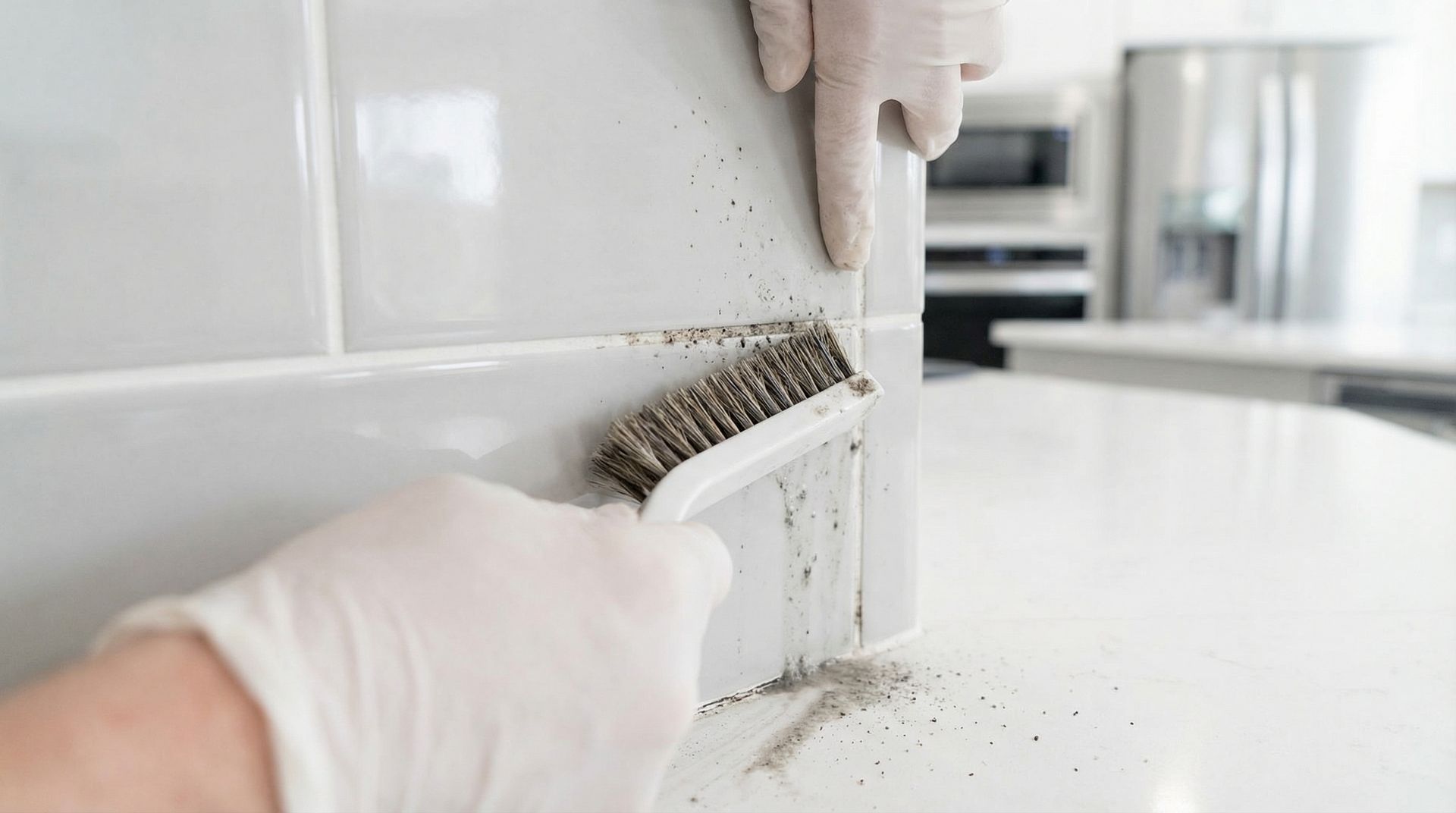 A white-gloved hand scrubs tile grout, removing grime to restore bright, clean surfaces.