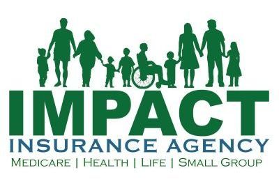 Green silhouettes of families holding hands, with "IMPACT INSURANCE AGENCY" text, and service types.