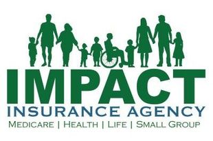 Green silhouettes of families holding hands, with "IMPACT INSURANCE AGENCY" text, and service types.