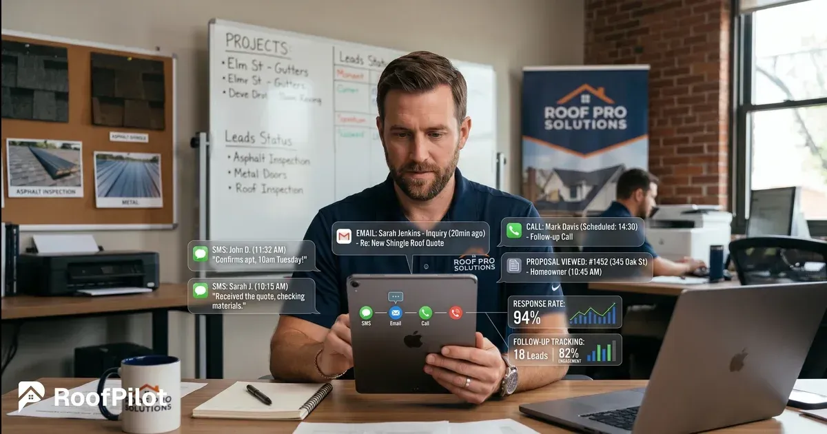 Roofer reviewing 30-day roofing lead follow-up on tablet showing tracking metrics