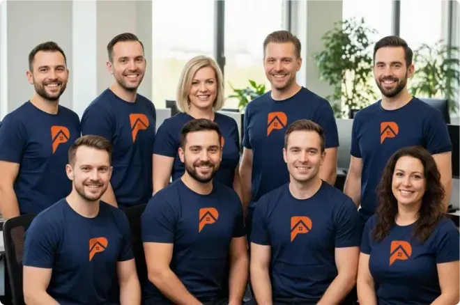 Group of nine people in blue shirts with an orange RoofPilot logo, smiling, indoors.