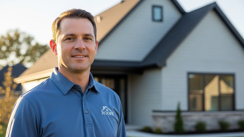Man in blue shirt smiles in front of a modern house.