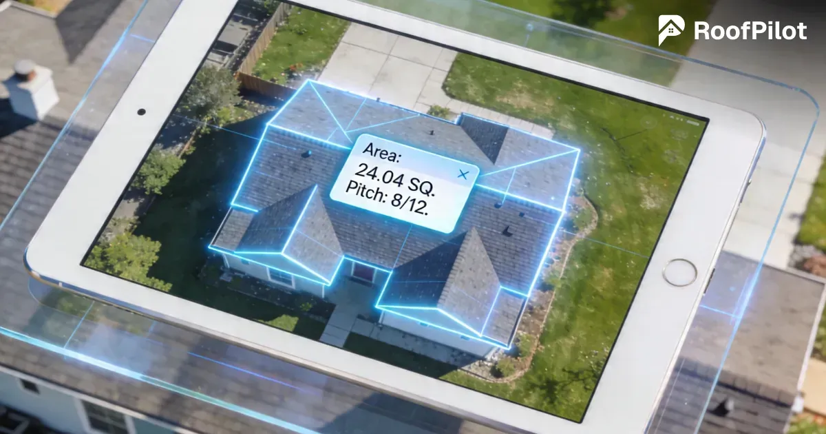 Aerial roof measurement on a tablet using roof measurement software, showing precise square footage and pitch with glowing blue outline over a house