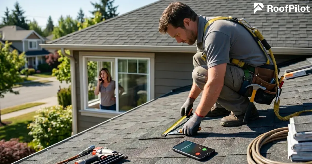 Roofer on roof taking measurements instead of using a roofing CRM software with lead management and follow up
