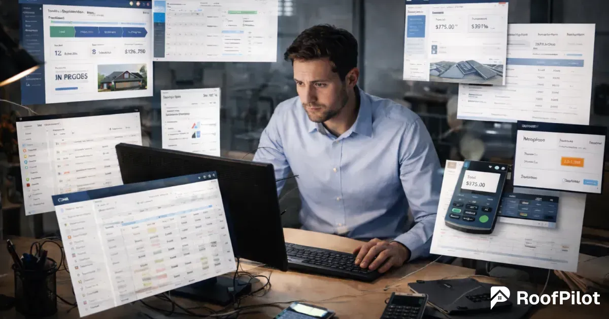 Roofer managing his business with multiple specialized roofing tools and dashboards versus a clean all-in-one roofing platform
