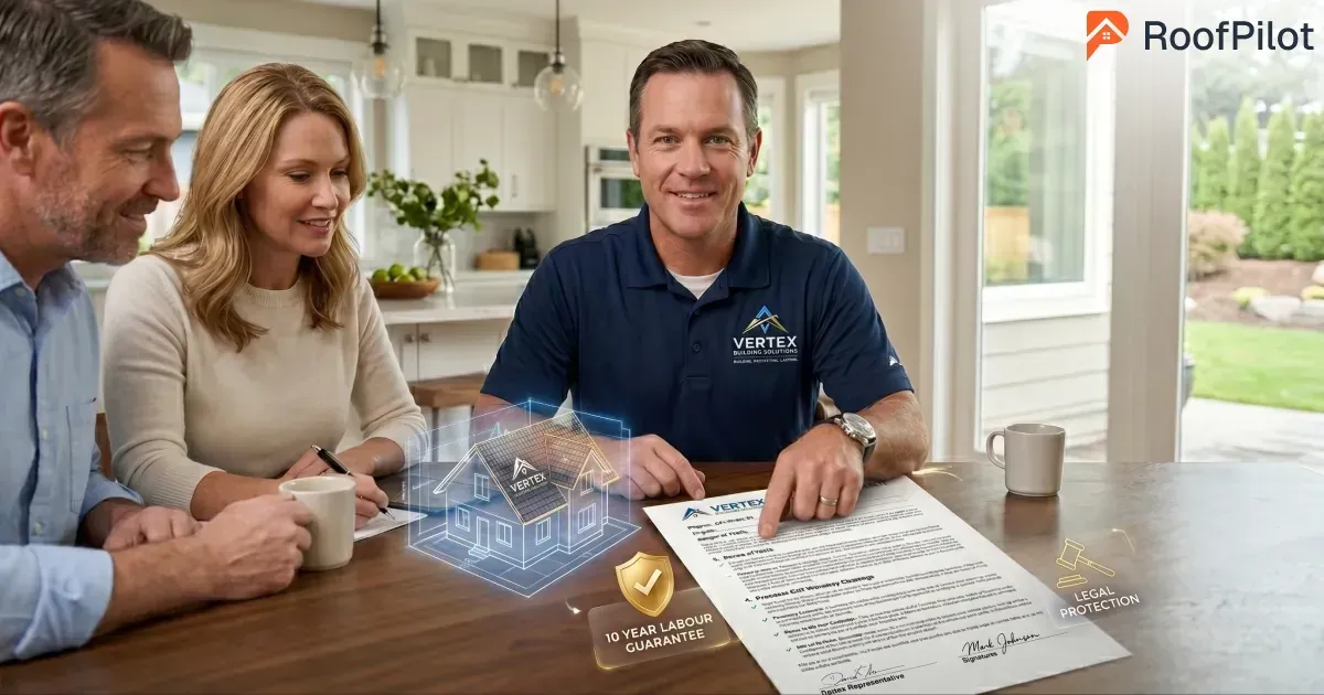 Roofer reviewing detailed roofing contract agreement with couple at kitchen table, pointing to terms with holographic house model and 10-year labor guarantee badge