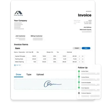 RoofPilot invoice with itemized roofing services, signature, and follow-up checklist.