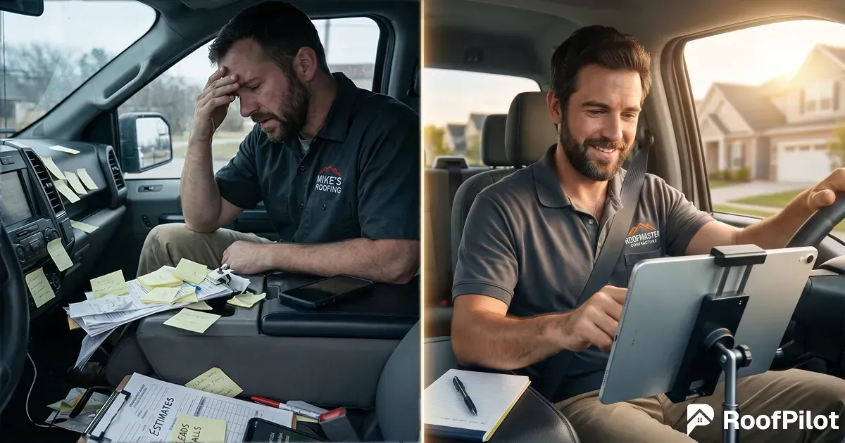 Overwhelmed roofer with chaotic paperwork and sticky notes versus organized roofer using roofing CRM