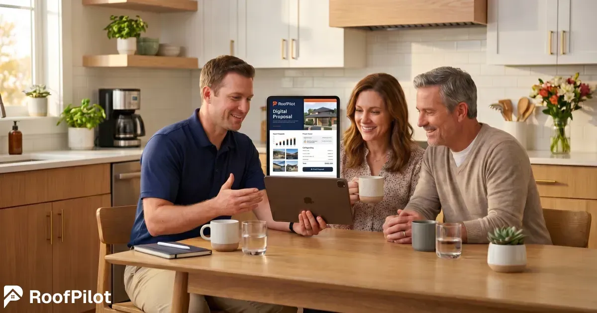 Roofer delivering digital roofing proposal on tablet to happy couple at kitchen table with professional presentation that helps close more jobs
