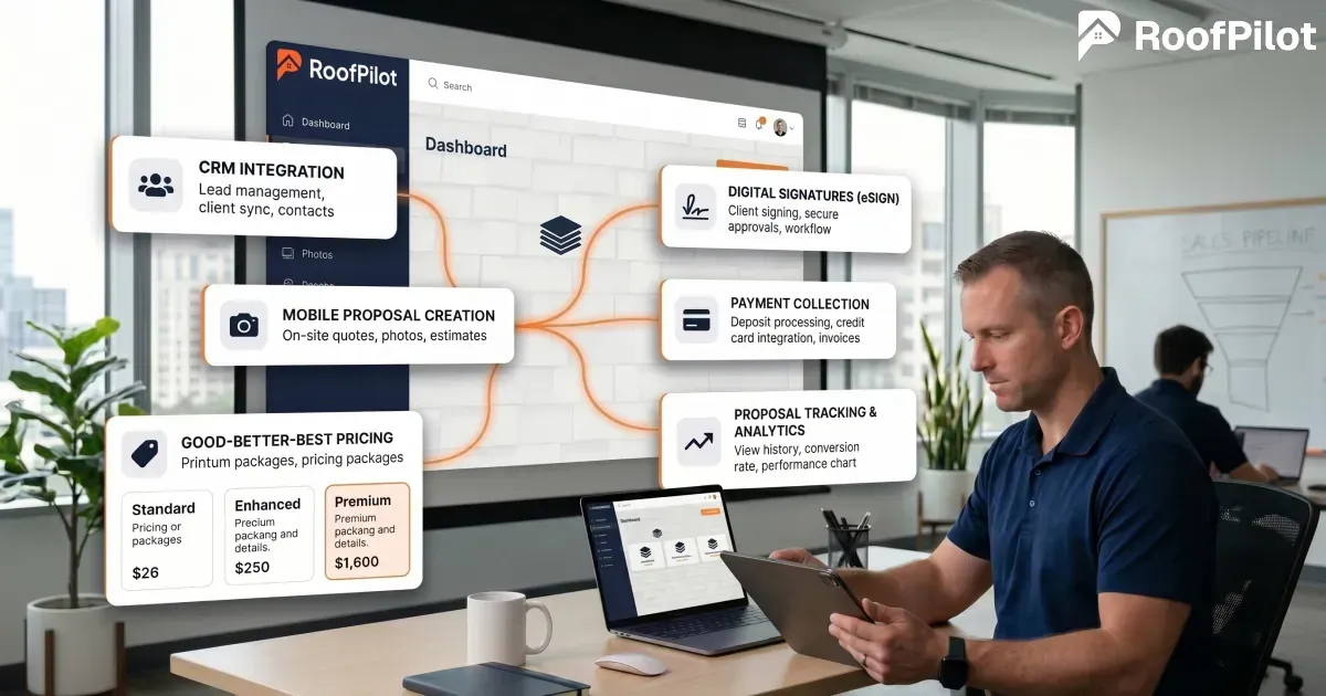 Roofer using roofing proposal software on laptop and tablet showing CRM integration, mobile proposal creation, good-better-best pricing, digital signatures, payment collection, and analytics