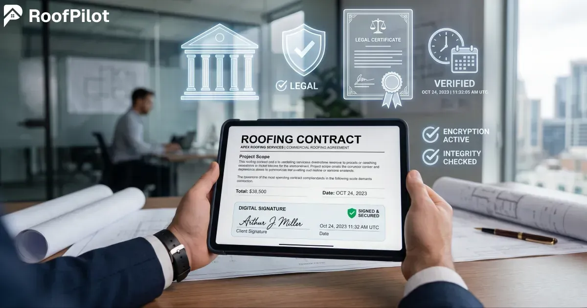 Hands holding tablet with signed digital roofing contract showing legal certificate, verified timestamp, encryption, and integrity check.