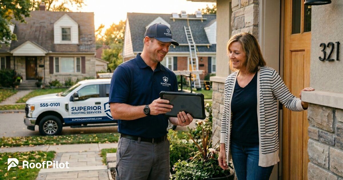 Roofer doing door to door roofing sales showing tablet proposal to smiling homeowner