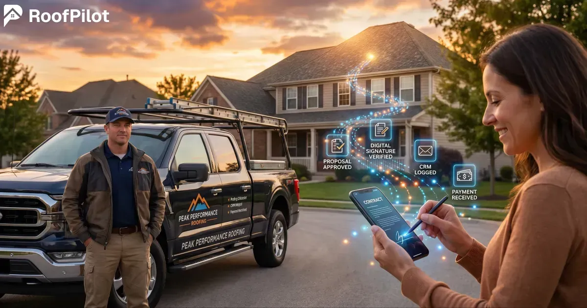 Homeowner signing roofing contract on phone with verified digital signature