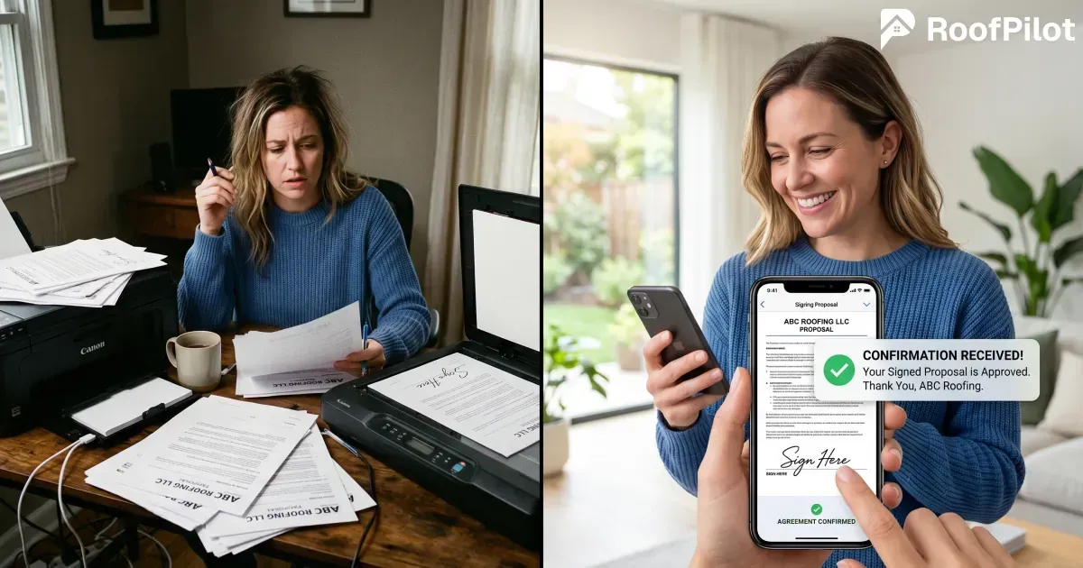 Stressed woman buried in messy paper contracts versus happy homeowner quickly signing roofing proposal on phone with instant confirmation.