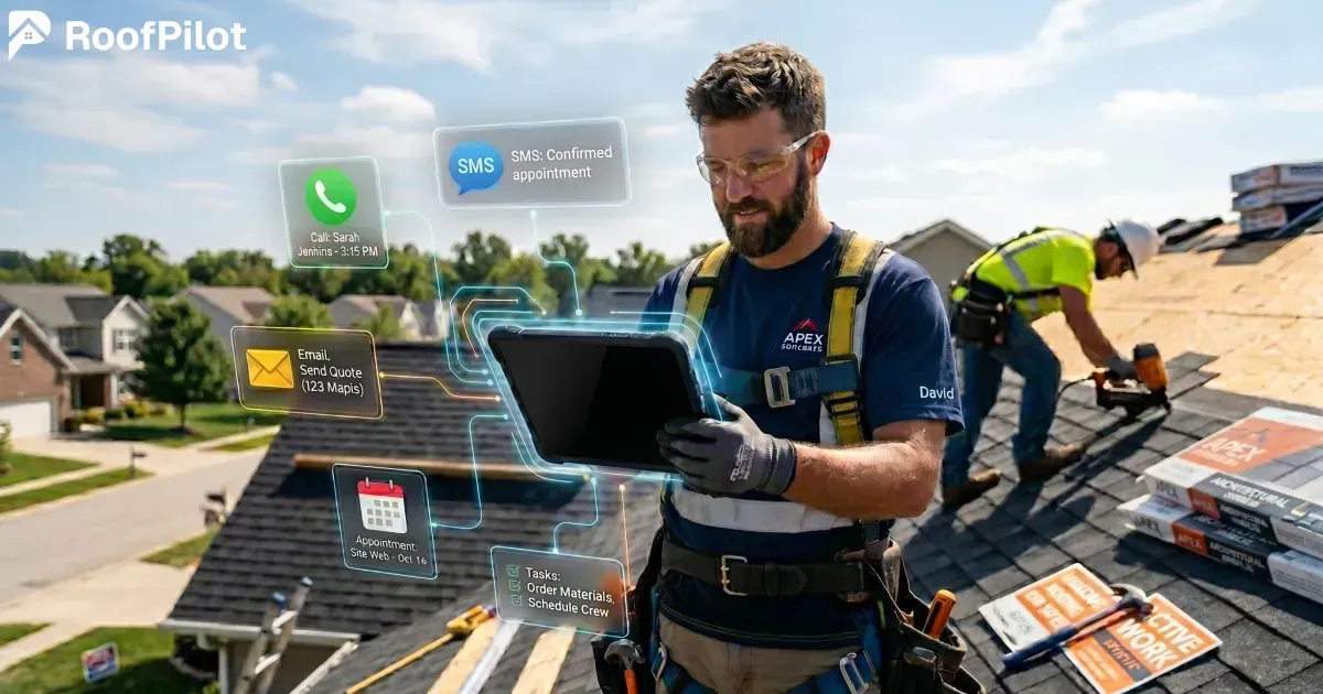 Roofer on roof using follow up systems on tablet for SMS, email, appointments, and task management to close more roofing leads