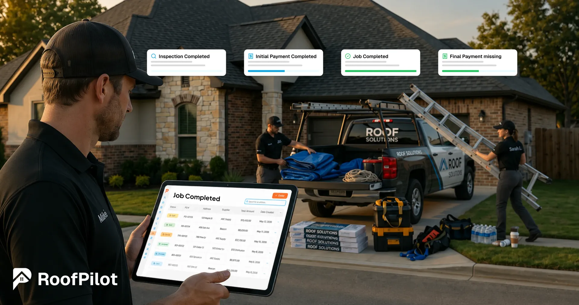 Roofer holding tablet showing job completed workflow with final payment still missing