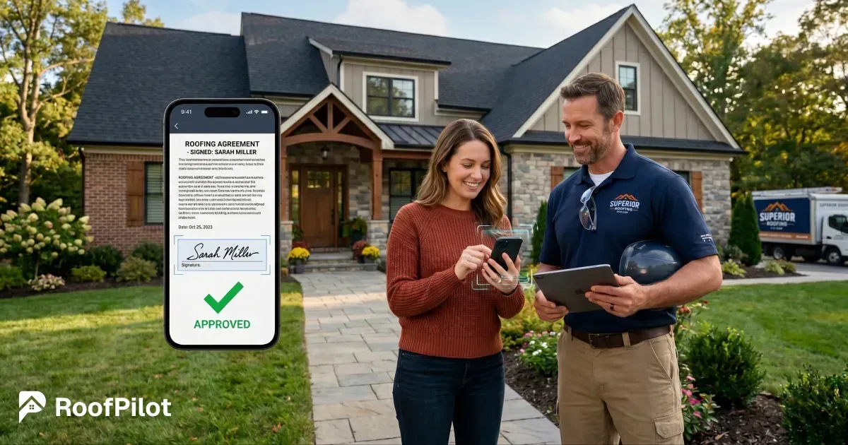 Homeowner signing roofing contract agreement on phone with green approved checkmark while roofer holds tablet in front of house for fast digital contract signing