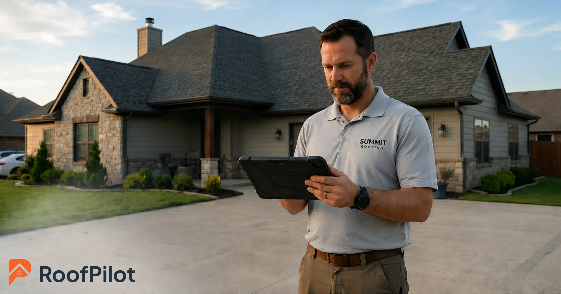 Roofer standing in driveway looking concerned at tablet while managing late roofing payments and following up on outstanding invoices.