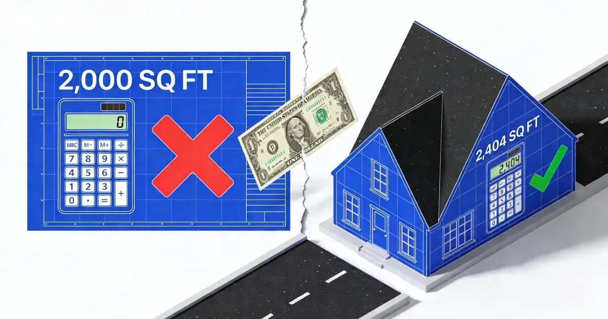 Old way of calculating roof square footage with blueprint and calculator showing errors and lost money versus accurate modern roof size calculator result with green checkmark