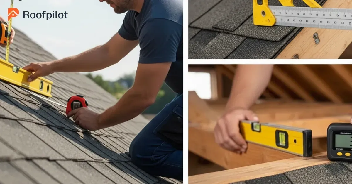 How to measure roof slope using a level and tape measure on asphalt shingles with close-up views of traditional and digital tools