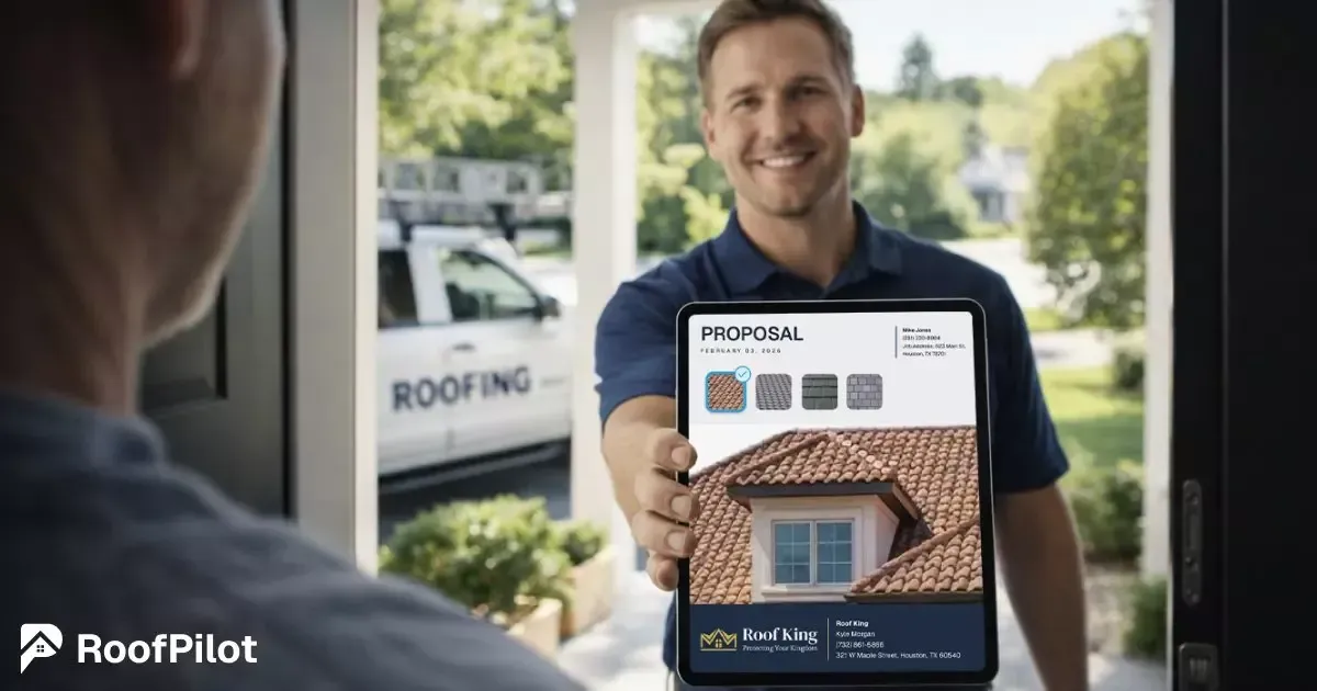 roofing contractor showing a proposal on tablet