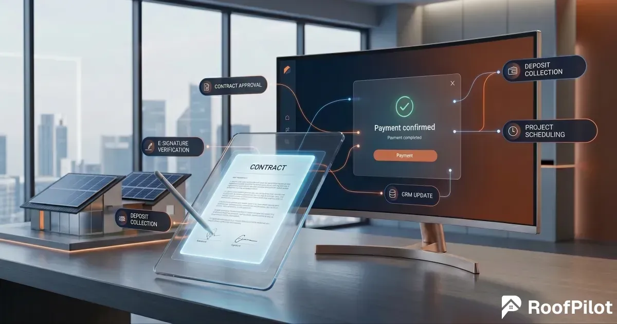 E-signature setup for roofing contracts showing holographic contract on transparent screen with stylus signing and connected CRM workflows.