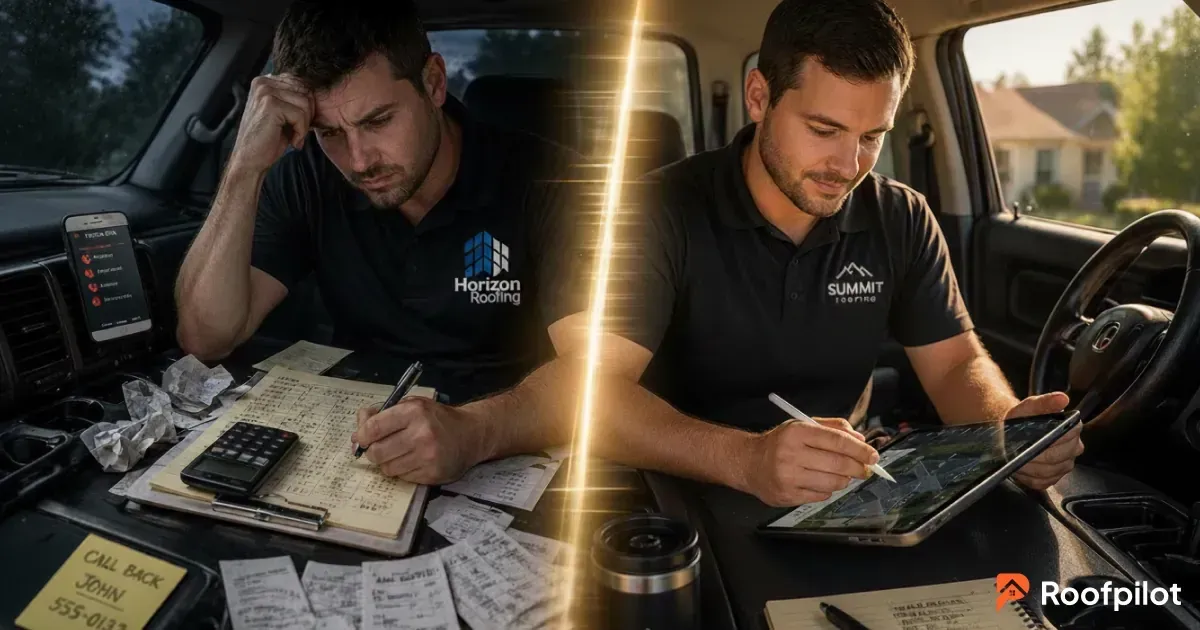  roofer struggling manual calculations versus calm roofer creating instant roof estimate on a tablet
