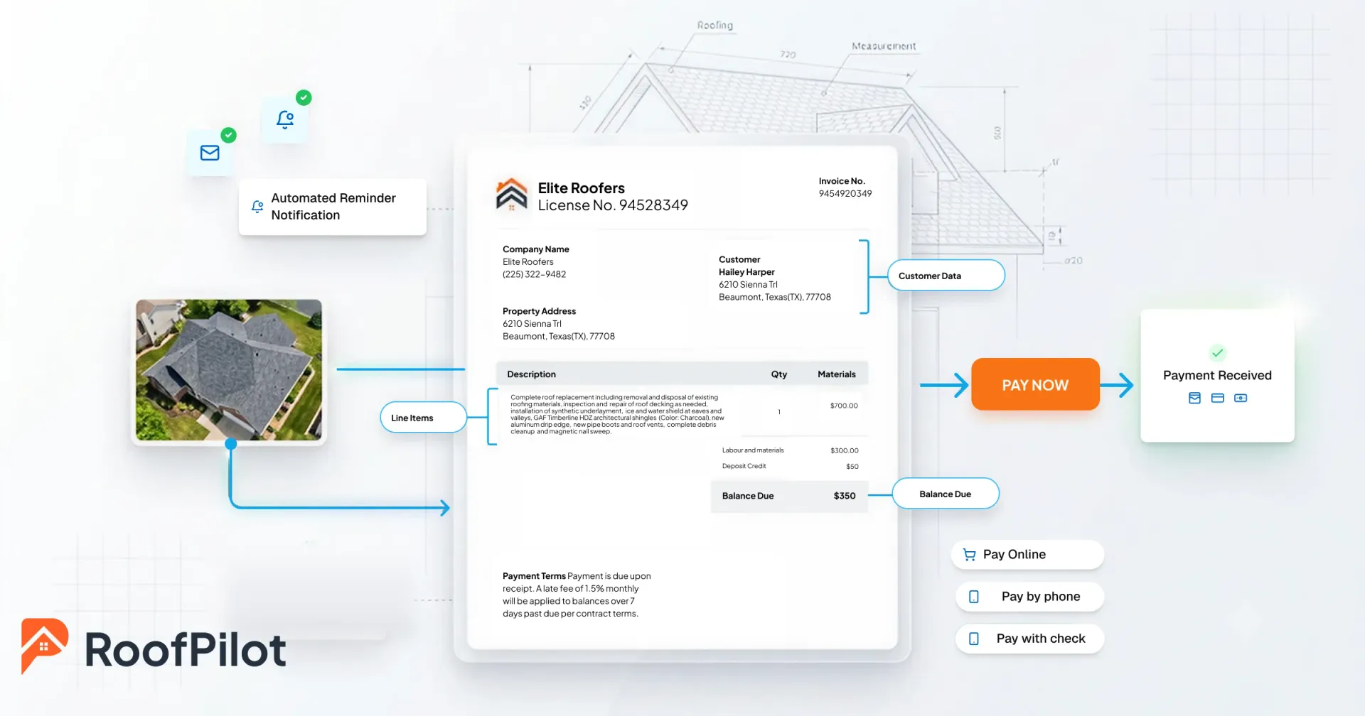 Clean professional roofing invoice template showing customer details, line items, balance due, payment options, and automated reminder notification.