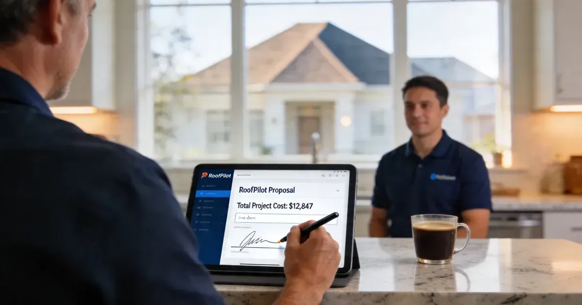 Professional presenting accurate roofing quotes using RoofPilot software on a tablet for clear project pricing