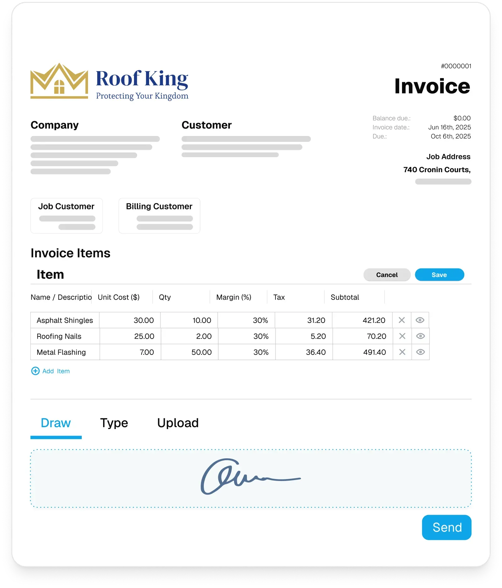 Roofing invoice template with itemized charges, a signature, and a