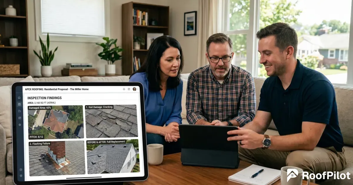 Roofer showing photo-heavy roofing proposal example with inspection findings, aerial images, and before-after photos on tablet to couple on couch