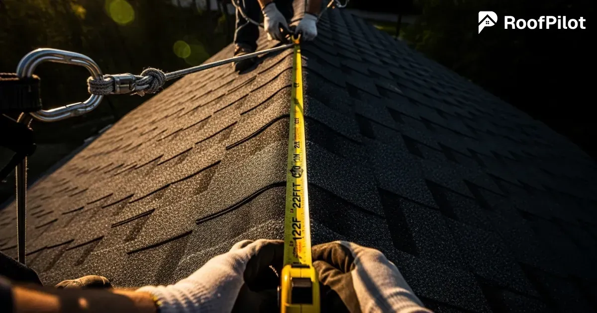 Roofer using a tape measure for physical roof measurement on asphalt shingles with safety harness and carabiner visible