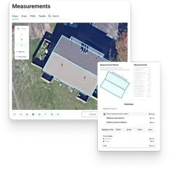 Aerial view of a roof with RoofPilot measurement tools and a report summarizing roof area and materials.