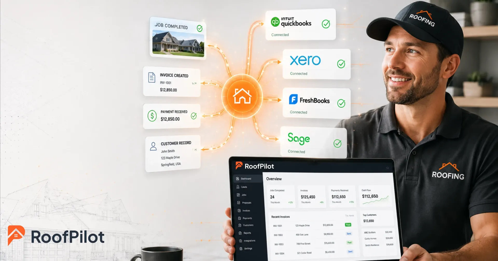 Happy roofer holding tablet showing RoofPilot dashboard connected to QuickBooks, Xero, FreshBooks, and Sage accounting software for seamless integration.