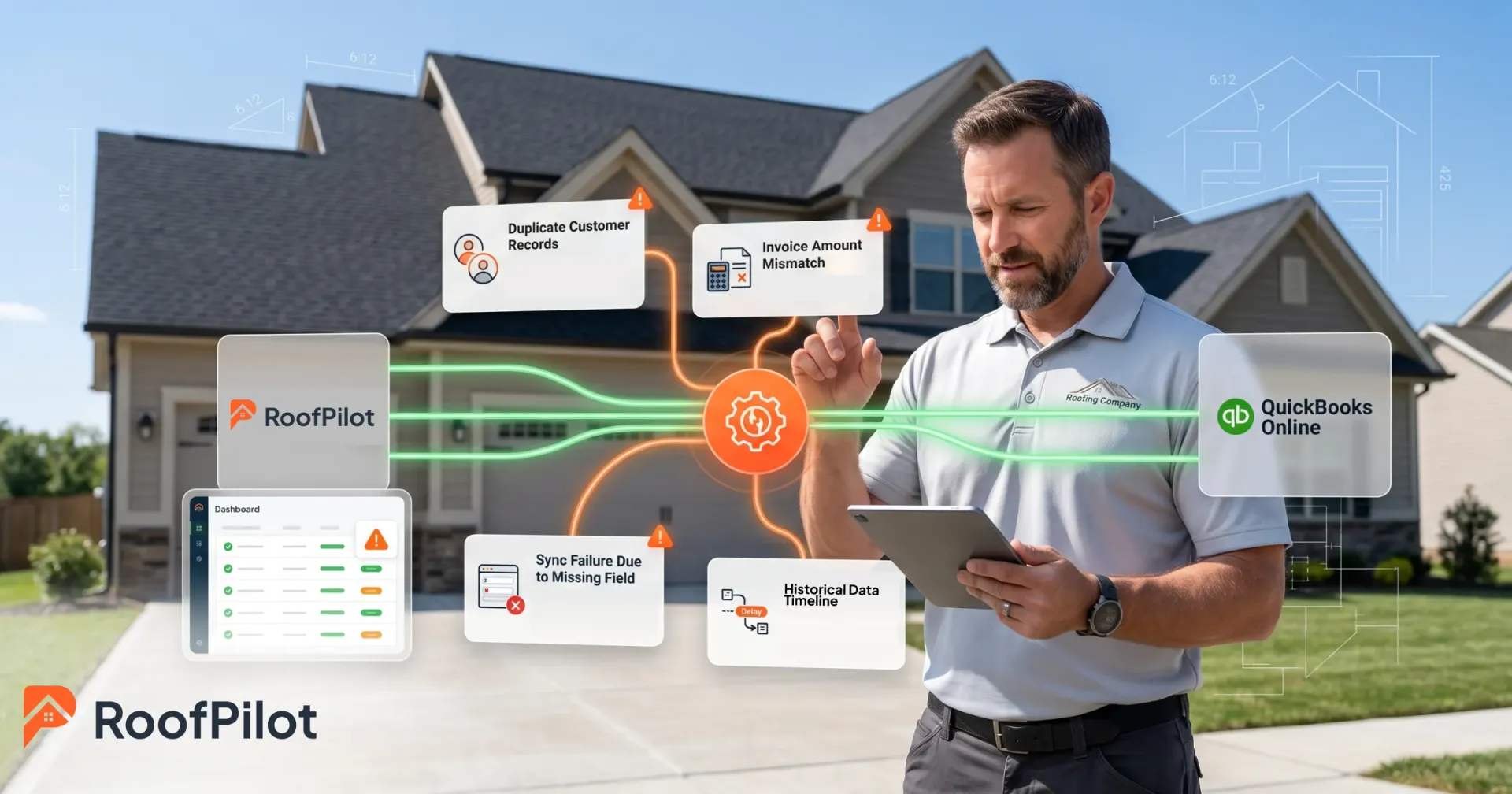 Roofer reviewing tablet with common QuickBooks integration issues including duplicate customer records, invoice amount mismatch, and sync failure warnings.