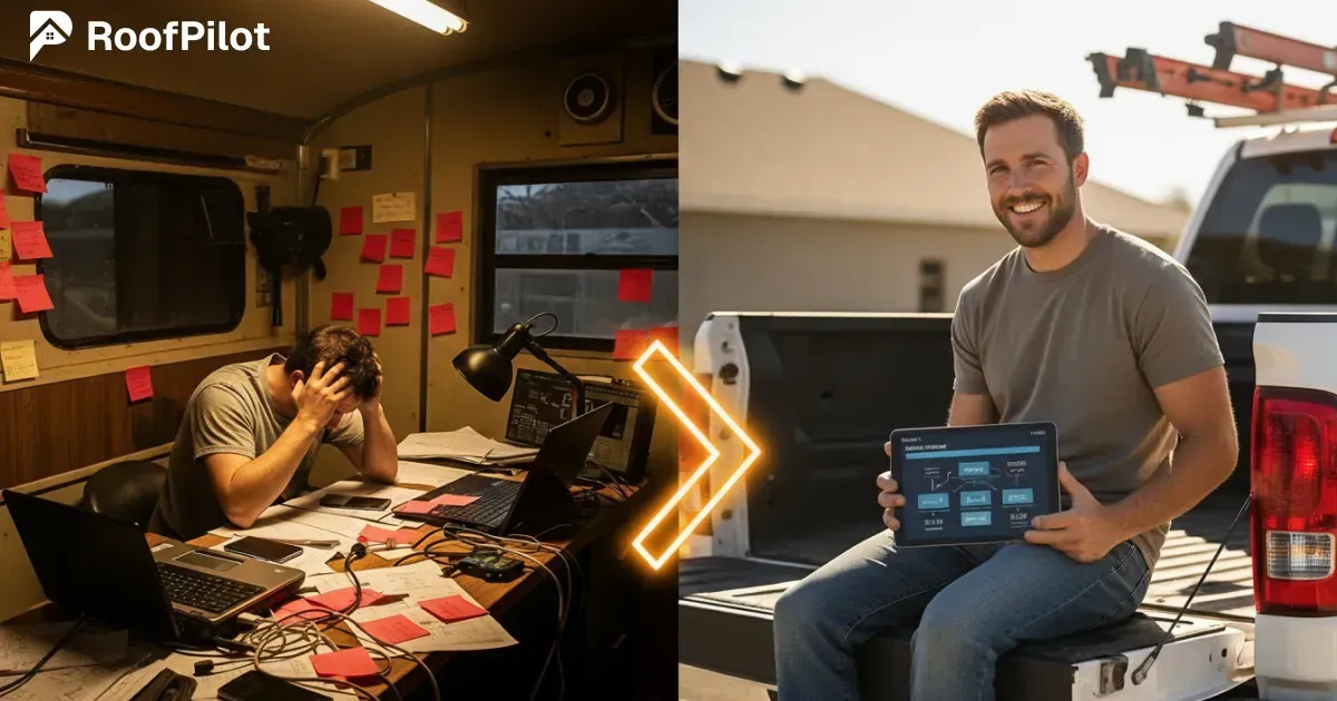 Stressed roofer doing manual calculations in messy office versus happy roofer using efficient roofing calculator app on tablet