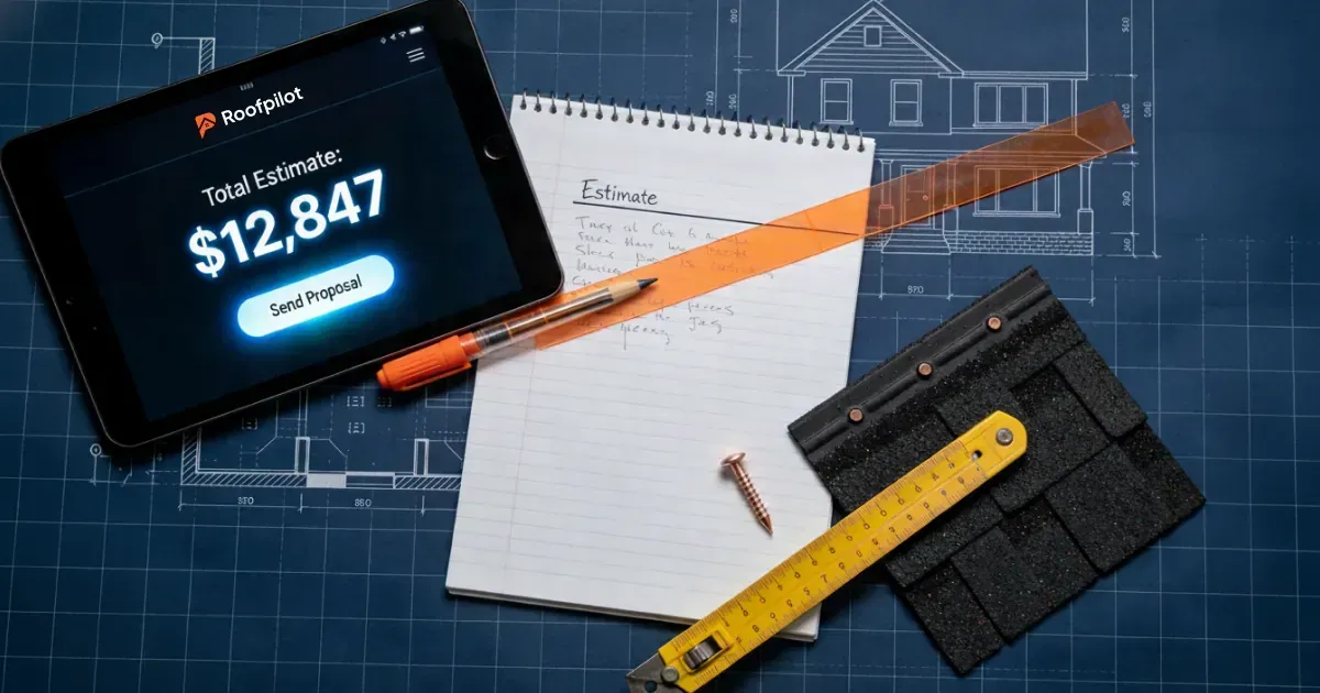 Modern roof estimating with RoofPilot showing $12,847 total cost and easy proposal sending on a tabl