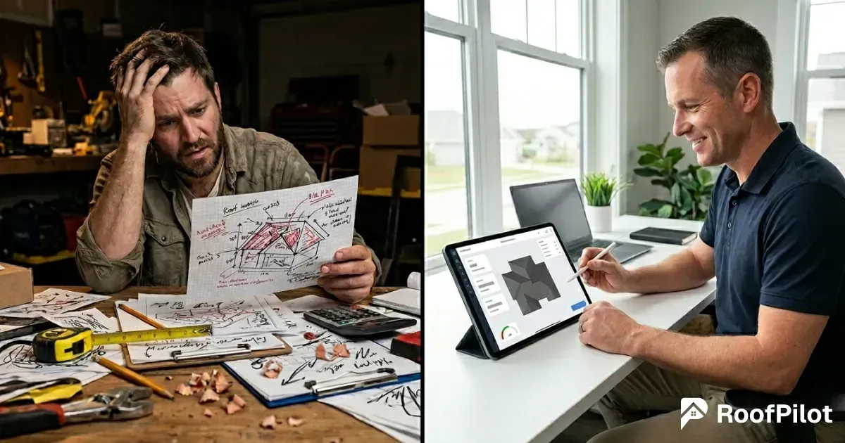 Frustrated roofer struggling with manual roof pitch calculations on paper versus happy contractor using a roof pitch calculator app on a tablet
