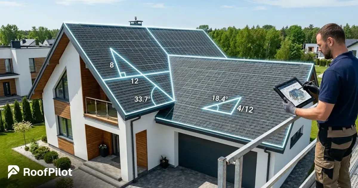 Modern house with digital roof pitch calculator overlays showing 8/12 and 4/12 slopes 
