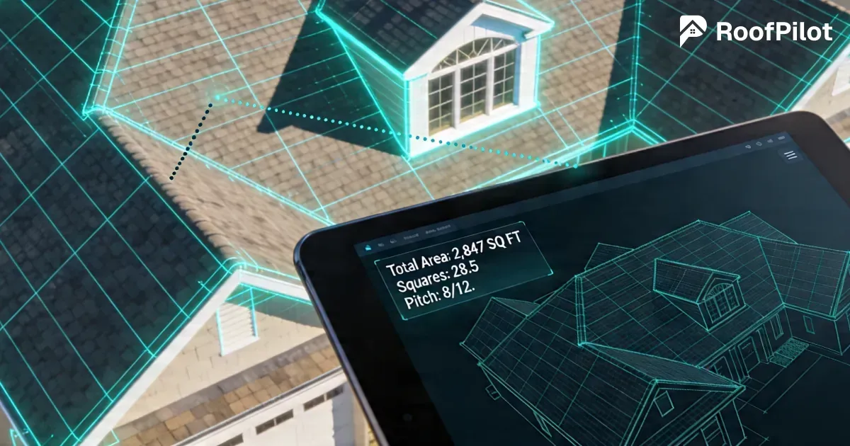 Roof size calculator on a tablet showing accurate measurements including total square footage.