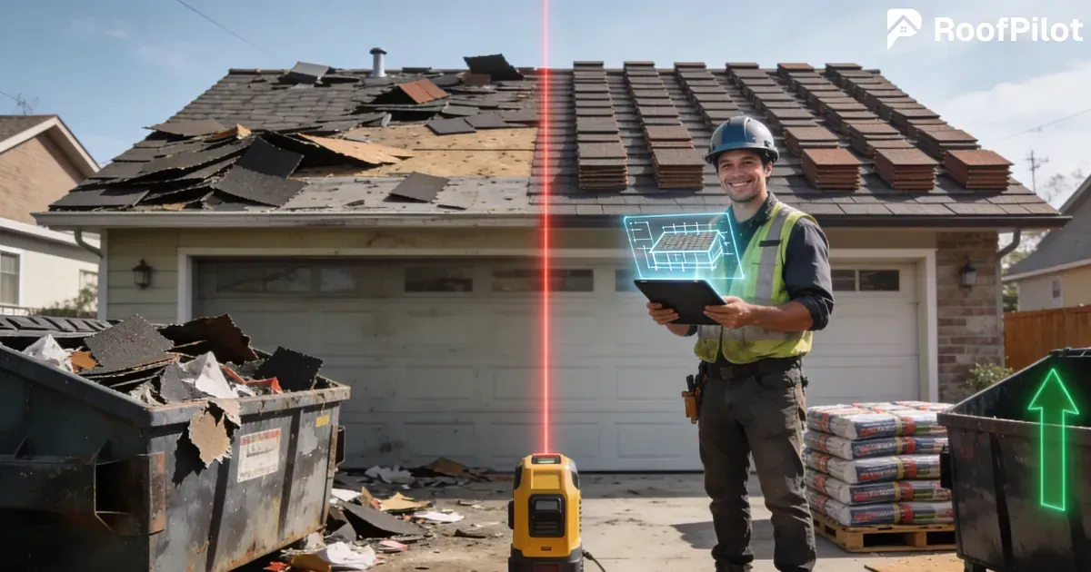 Roofer using roof waste calculator on tablet to accurately measure materials and reduce waste compar