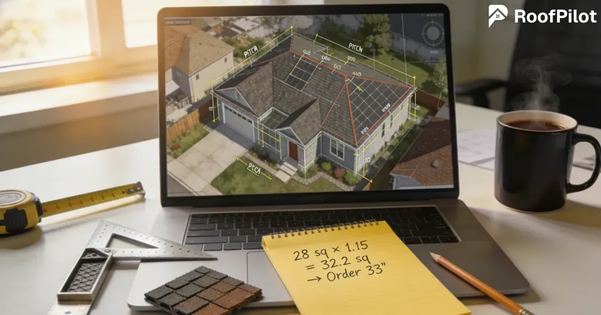 Accurate roofing material quantities calculated on laptop with 3D model showing proper waste factor and ordering recommendation