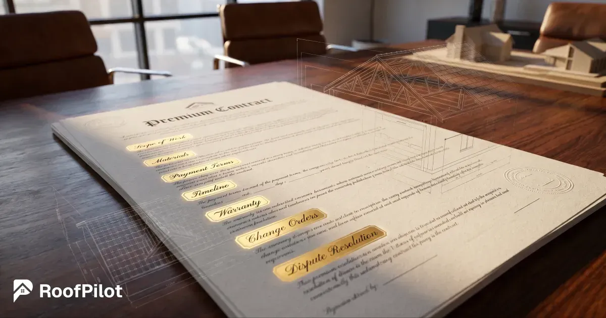 Detailed premium roofing contract document on table with holographic 3D roof model showing scope of work, payment terms, warranty, change orders, and dispute resolution sections