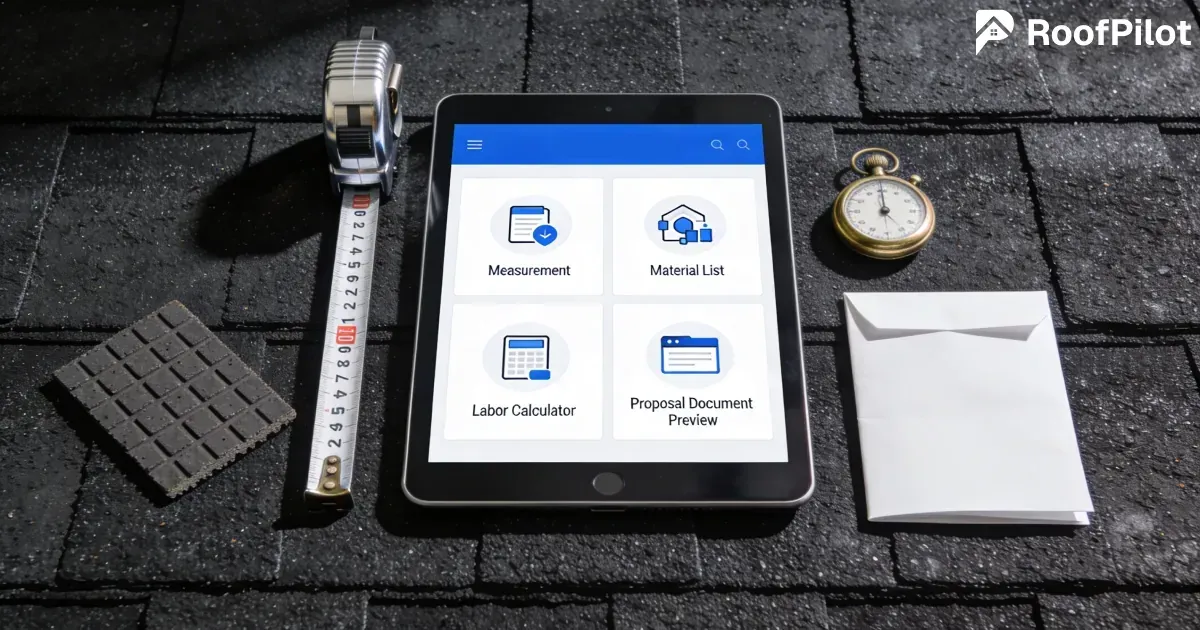 Best roofing calculator app interface on tablet showing measurement, material list, labor calculator, and proposal tools on a roof