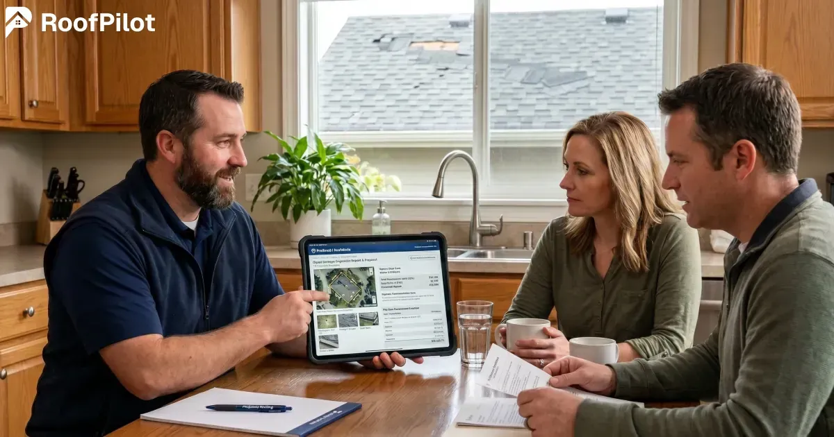 Roofer presenting detailed roofing bid template and proposal example on tablet with aerial photos and specifications to homeowners in kitchen