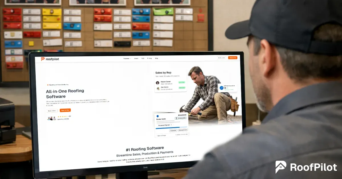 Roofer viewing clean all-in-one roofing project management software dashboard on a large monitor showing jobs, sales, and team performance